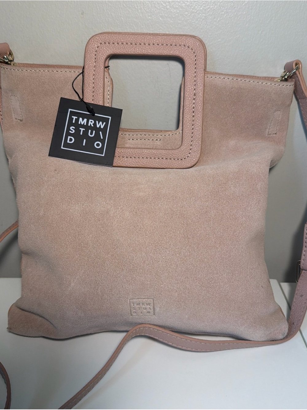 TMRW Studio Leather Crossbody Blush Pink Genuine Suede Leather Tote Handbag NEW